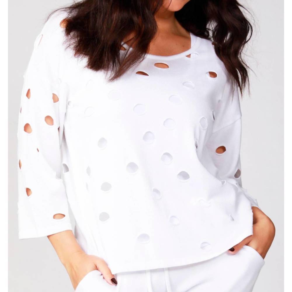 NEW FRENCH KYSS solid holey crew top in white